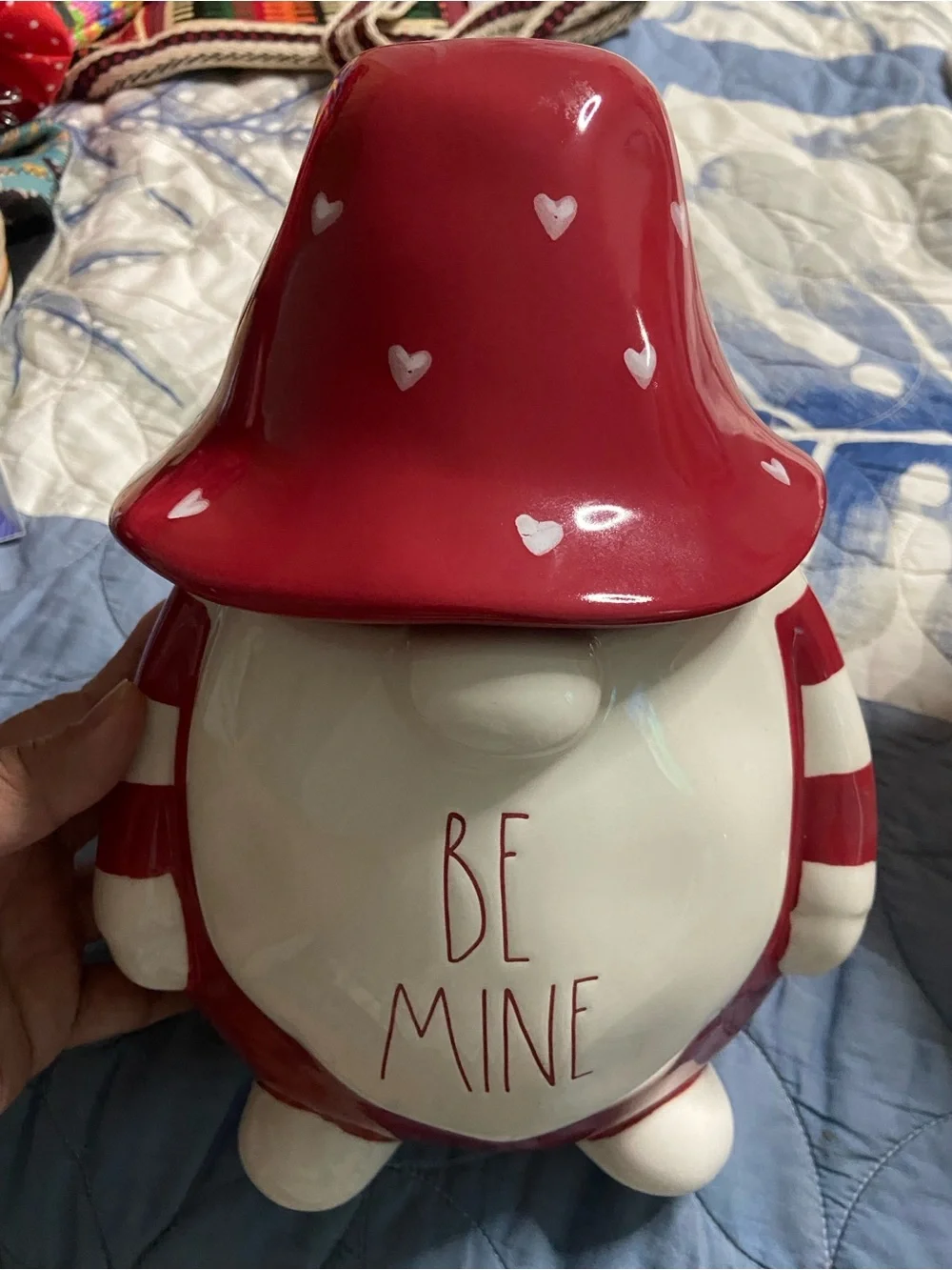 RAE DUNN Red HEARTS Valentine Gnome BE MINE Ceramic Cookie Jar